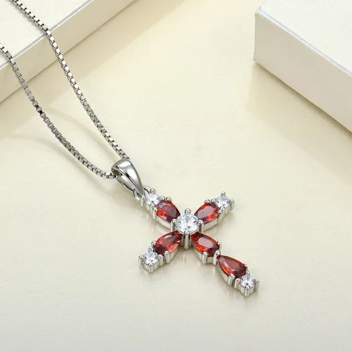 Miniatura 154 de YL Collar de cruz de plata de ley 925 con colgante de piedra natal religiosa para mujer