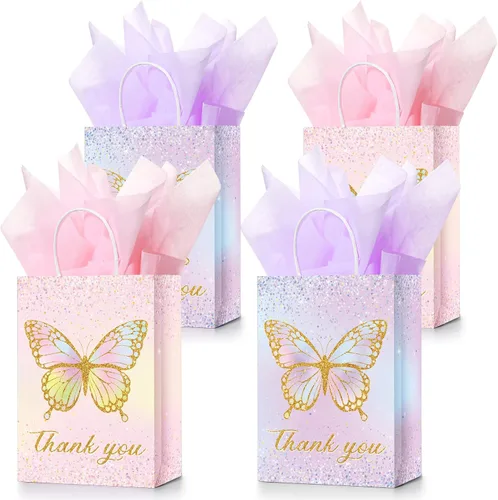 Leinuosen 16 juegos de bolsas de regalo de mariposa para fiestas, bolsas de regalo de mariposa con papel de seda, bolsas de regalo florales rosas y