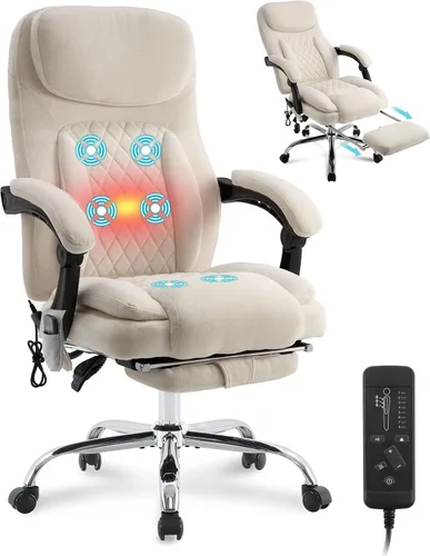 Miniatura 10 de Silla de oficina de masaje de 6 puntos con silla de oficina térmica y ergonómica con reposapiés y respaldo alto reclinable de 45°, silla de oficina