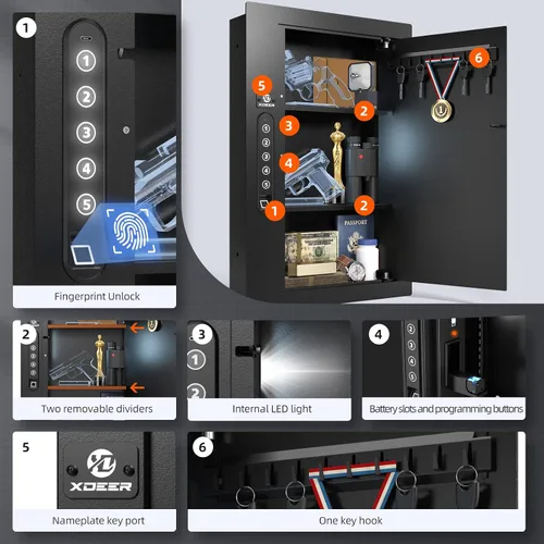 Miniatura 3 de XDeer Caja fuerte de seguridad de pared plana oculta en la pared, caja fuerte biométrica oculta para huellas dactilares, cajas fuertes electrónicas