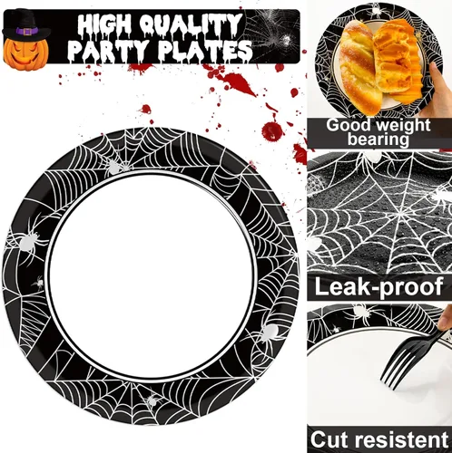 Miniatura 4 de 50 Invitados Platos y Servilletas de Telaraña de Halloween Suministros para Fiestas Decoraciones de Fiesta de Telaraña Vajilla Desechable Negra