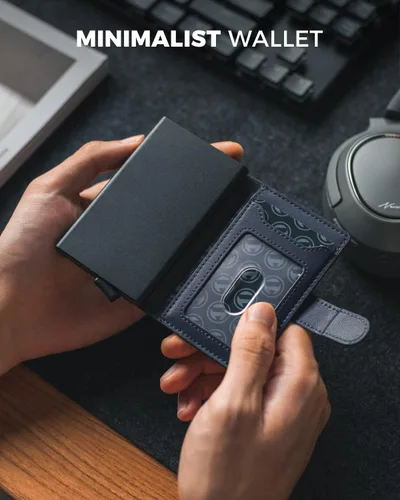 Miniatura 4 de VULKIT Cartera desplegable con ranuras de cuero, bloqueo RFID, funda de metal delgada para tarjetas