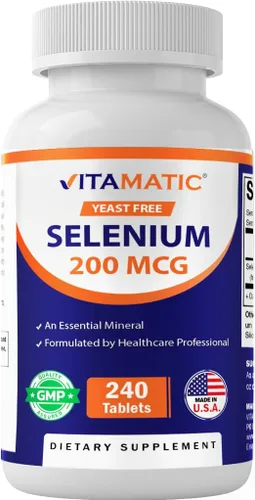 Vitamatic Selenio sin levadura 200mcg como suplemento de selenometionina mineral traza esencial con absorción superior, 240 tabletas