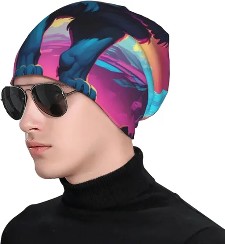 Miniatura 4 de Synthwave Sabertooth Printed Knit Hat, Stylish AutumnWinter Hat, Perfect for Everyday Wear, Travel, and Skiing Black