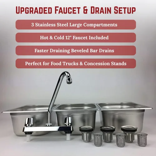 Miniatura 6 de Fregadero de concesión de acero inoxidable con 3 compartimentos grandes Portable 3-basin sink with 12" faucet, bar drains, and basket strainers