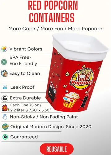 Miniatura 3 de Juego de 4 piezas de recipientes de plástico reutilizables para palomitas de maíz/tazas de palomitas de maíz para noche de cine - Fácil de limpiar