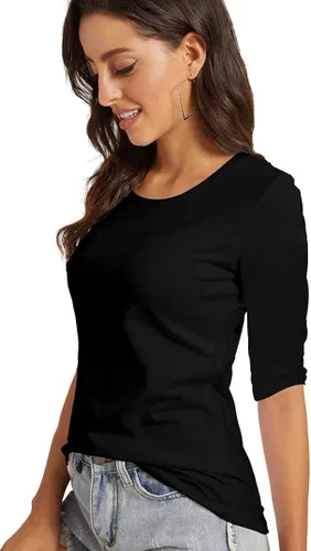 Miniatura 4 de VIIOO Camiseta básica de media manga con cuello redondo para mujer, casual, color liso, de algodón