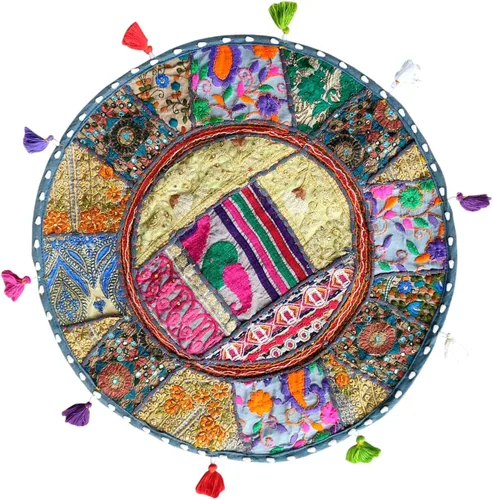 Rajasthaniartdecor Funda de cojín vintage de retazos bohemios bordados, taburete étnico decorativo, cojines de piso redondos y funda de cojín, puf