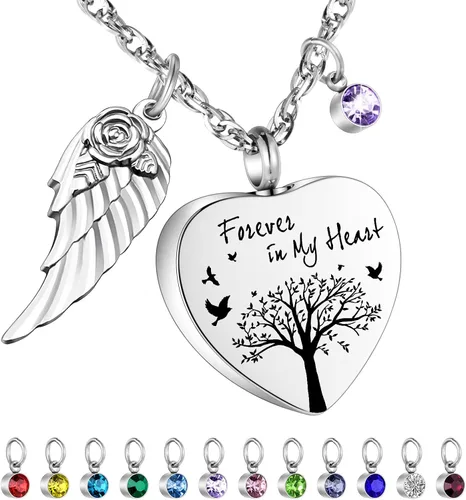 Dletay Collar de urna de corazón para cenizas con 12 piedras natales, joyería de cremación para cenizas - Your Wings Were Ready My Heart Was Not