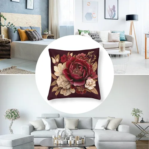 Miniatura 5 de Fundas de cojín de satén elegantes, decorativas florales burdeos, suaves y lujosas, elegantes fundas de almohada de terciopelo floral para sofá