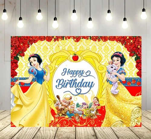 Telón de fondo amarillo para suministros de fiesta de cumpleaños, fondos de fotos blanco nieve, fondo de fotos de princesa, blanco nieve, tema de