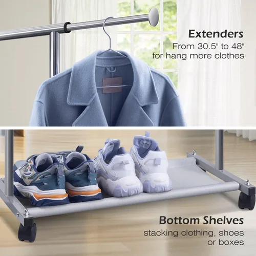 Miniatura 5 de MISSLO Percheros resistentes para colgar ropa perchero rack de ropa con ruedas de metal, ajustable, blanco y plateado