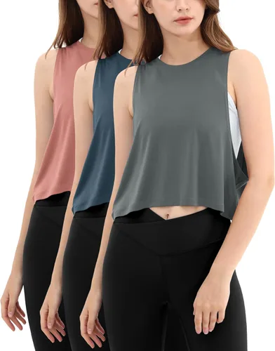 Miniatura 16 de ODODOS Paquete de 3 camisetas sin mangas sueltas para mujer, camisetas sin mangas para gimnasio, atletismo, entrenamiento, camisetas de yoga