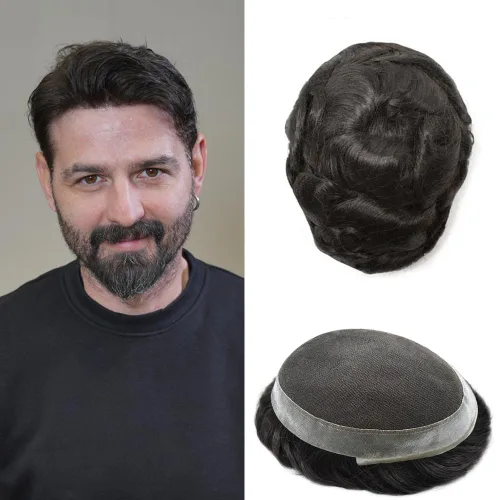 Miniatura 63 de Toupee para hombres Sistema de reemplazo de cabello humano real pieza de cabello humano para hombres encaje suizo para hombre Toupee Hair Pieces