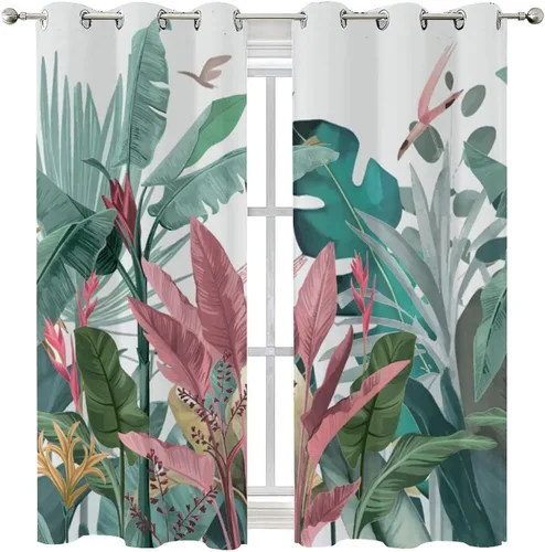 Miniatura 8 de Cortinas abstractas de hojas tropicales, acuarela tropical, hojas de palma, verano hawaiano, plátano, aislamiento térmico, cortinas completas