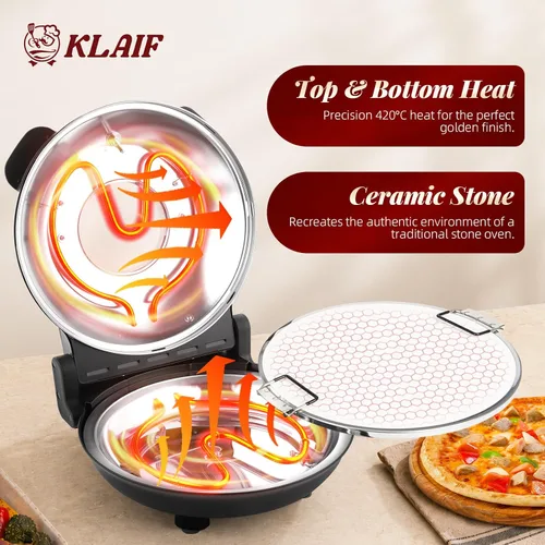 Miniatura 2 de KLAIF Horno eléctrico de pizza de 12 pulgadas para encimera con piedra de cerámica, controles de temperatura ajustables duales, incluye 4 Negro