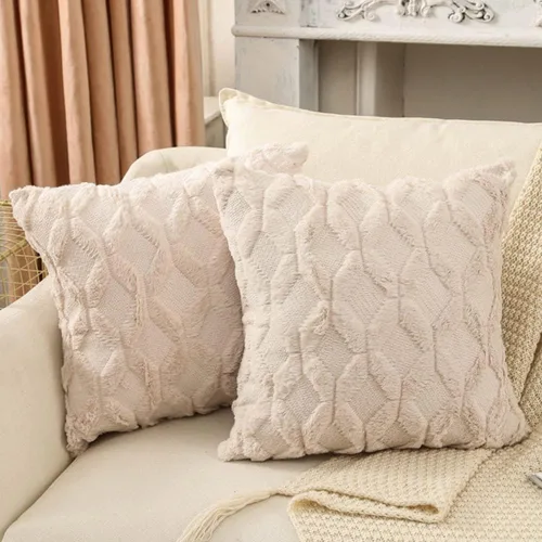 Juego de 2 fundas de almohada decorativas de 22 x 22 pulgadas, fundas cuadradas de felpa suave de terciopelo de lana corta de color beige para sofá,
