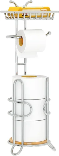 Miniatura 7 de Soporte de papel higiénico con estante para teléfono, soporte de almacenamiento y dispensador de rollos de papel higiénico de pie para 4 mega Gris