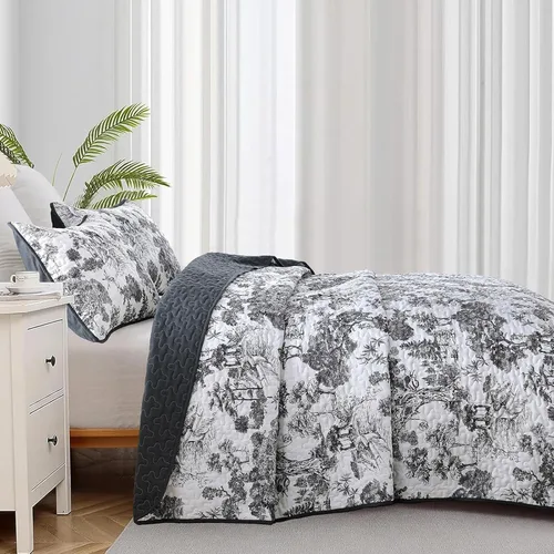 Miniatura 3 de WONGS BEDDING Juego de edredón botánico tamaño Queen, negro, 3 piezas, colcha con estampado floral de plantas Toile, juego de ropa de cama