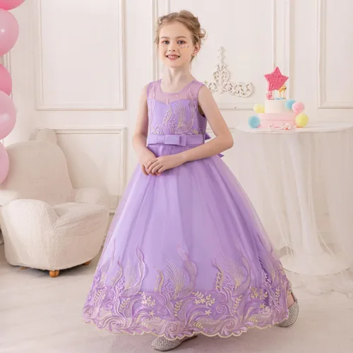 Miniatura 10 de Vestido formal para niña de flores, vestido formal para fiesta de cumpleaños, boda, bordado floral, vestidos de satén de tul para niños de 2 a 12