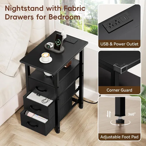 Miniatura 5 de Vagusicc Mesita de noche negra con estación de carga y luces LED, mesa auxiliar estrecha, mesita de noche LED con 3 cajones de tela para dormitorio