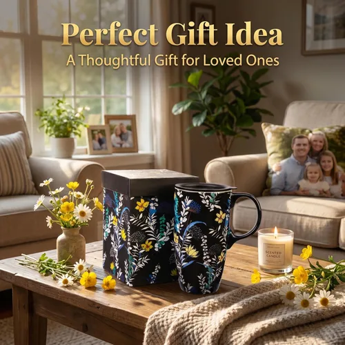 Miniatura 6 de Juego de 2 tazas de café de cerámica de 17 onzas con tapas y cajas de regalo, tazas de té de porcelana floral Art Nouveau Tropical y flores Azul