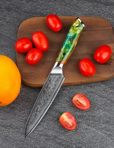 Miniatura 5 de Cuchillo utilitario de cocina de 5 pulgadas, cuchillos de cocina de la serie Xuan, acero de damasco VG10 con mango de resina (naranja fantasía)