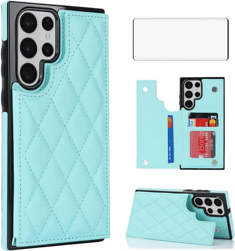 Miniatura 14 de Asuwish Funda de teléfono para Samsung Galaxy S22 Ultra 5G con protector de pantalla de vidrio templado y soporte de tarjeta de crédito RFID de Oro