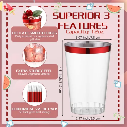 Miniatura 2 de Norme 50 vasos de plástico de 12 onzas desechables para fiesta con borde, vasos transparentes de plástico para vino, café, cumpleaños, boda, Rojo