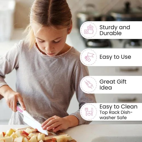 Miniatura 2 de Zulay - Juego de cuchillos infantiles de 3 piezas para cocinar y hornear reales, cuchillos para niños pequeños para cortar frutas, verduras y Rosado