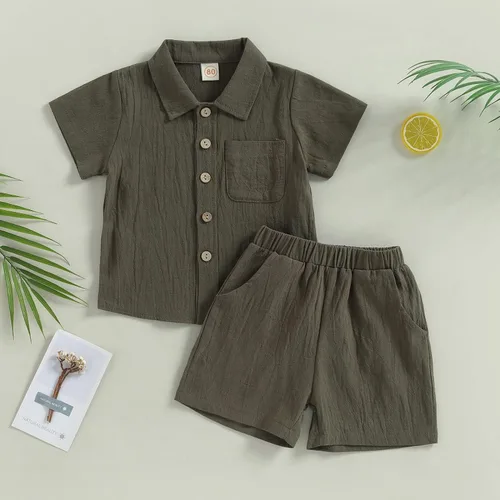 Miniatura 3 de Conjunto de ropa de verano para bebé y niño, con botones, de manga corta, con bolsillo, color liso, para el verano
