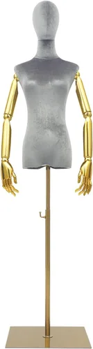 Torso de maniquí femenino con cabeza y brazos posables, forma de vestido ajustable en altura, soporte de medio maniquí, maniquí de ropa con Gris