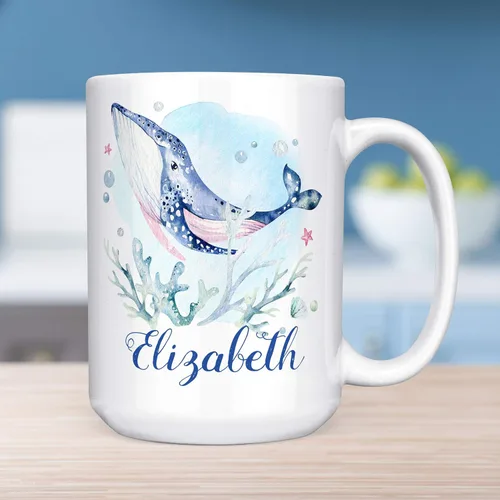 Miniatura 5 de Taza de café náutica personalizada de ballena Añadir nombre personalizado a la taza de cerámica Apto para microondas y lavavajillas, regalo