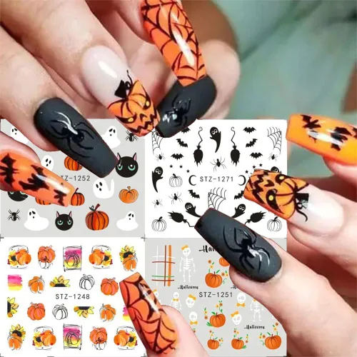Miniatura 2 de Calcomanías de arte de uñas de Halloween, calcomanías de transferencia de agua, 12 unidades, calabaza, esqueleto, araña, fantasma, hoja de arce
