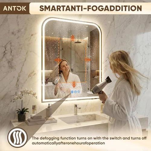 Miniatura 5 de Antok Espejo LED de baño, espejo LED con luces para baño, espejos de tocador iluminados para pared, antivaho, regulable, vidrio templado, función