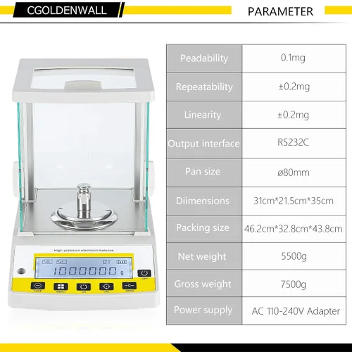 Miniatura 4 de CGOLDENWALL Balanza analítica de precisión 0.1 mg Balanza digital de laboratorio Balanza electrónica para laboratorios (7.76 oz, 0.1 mg)