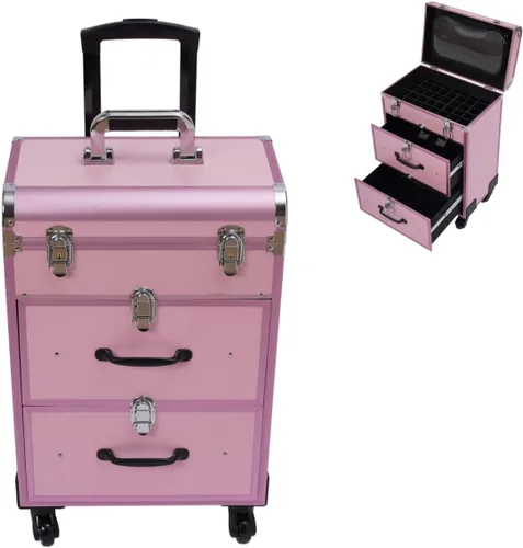 Miniatura 9 de Caja de tren de maquillaje rodante, caja de almacenamiento de maquillaje de 3 capas, carrito cosmético grande con cerraduras, organizador de Negro