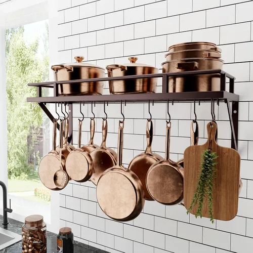 Miniatura 11 de KES Estante para ollas de cocina de 24 pulgadas montado en la pared, organizador de almacenamiento con ganchos, estante de pared en mate negro