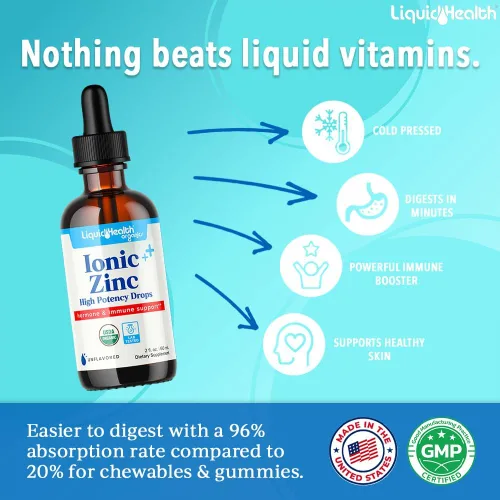 Miniatura 2 de LIQUIDHEALTH USDA Orgánico Zinc Iónico Gotas de Alta Potencia - Suplemento Vitamínico Líquido de Minerales Traza para Adultos, Niños - Apoyo