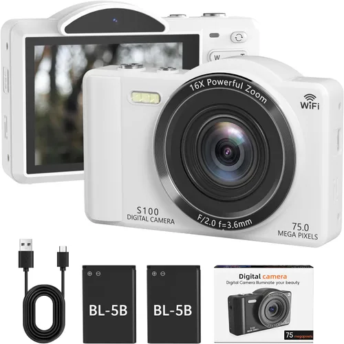 Cámara digital para fotografía – WiFi 4K 75MP Vlogging Cámaras para YouTube, pantalla táctil enfoque automático apuntar y disparar cámara digital