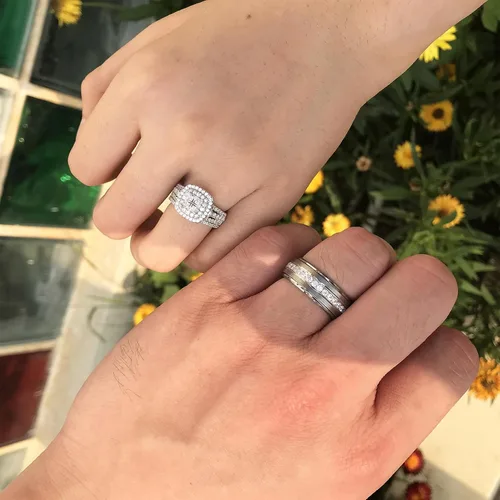 Miniatura 5 de Newshe Jewellery Juego de anillos de boda para él y ella, bandas de tungsteno AAAAA, circonita cúbica, 2.3 quilates, plata de ley 925, tamaño 5-13