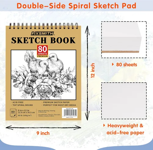 Miniatura 4 de FIXSMITH Cuaderno de bocetos de 9"X12" 80 hojas (68 lb/100gsm) Bloc de bocetos de artista encuadernado en espiral superior Bloc de dibujo sin