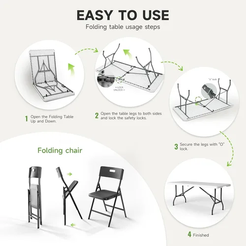 Miniatura 7 de Juego de mesa plegable de 6 pies con 4 sillas plegables, mesa resistente de 330 libras y sillas de 330 libras, paquete de muebles plegables Mesa