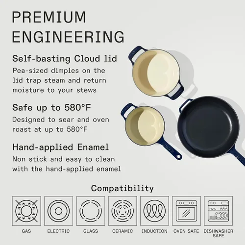 Miniatura 3 de Made In Utensilios de cocina – Juego de 5 piezas de hierro fundido esmaltado – Azul – Incluye horno holandés con tapa, sartén y cacerola con tapa