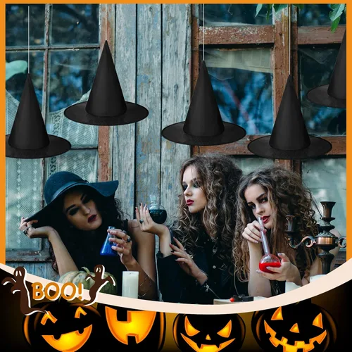 Miniatura 8 de SATINIOR Sombrero de bruja de Halloween, decoración colgante, sombrero de bruja flotante con accesorio de cuerda y ganchos transparentes sin costuras