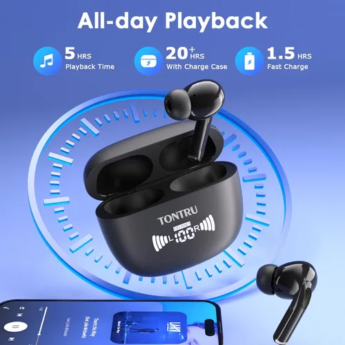 Miniatura 6 de Auriculares inalámbricos, auriculares Bluetooth 5.3 con reducción de ruido ENC/ANC, pantalla LED de potencia, control táctil, resistentes al agua