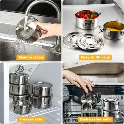 Miniatura 6 de Zopeal 6 recipientes de acero inoxidable para almacenamiento de alimentos con tapas, a prueba de fugas, de metal, apilables, reutilizables