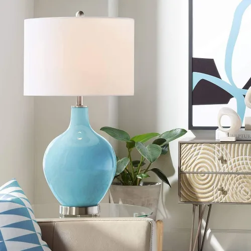 Miniatura 4 de Color + Plus Lámpara de mesa moderna de 28.5 pulgadas de alto, cristal azul Mónaco OVO blanco con pantalla de tambor de lino para sala de estar