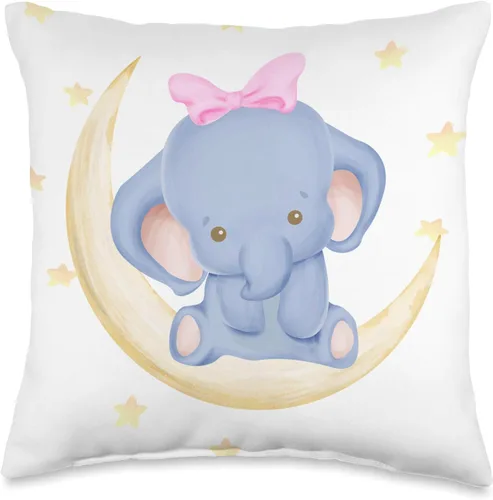 Almohada decorativa para cuna para recién nacido, niña elefante en la luna con estrellas I decoración de habitación de guardería, 15.7 x 15.7 in,