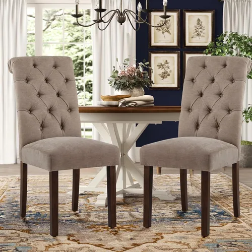 Miniatura 17 de COLAMY Juego de 2 Sillas de Comedor Copetudas, Sillas de Cocina Accent Parsons Tapizadas en Tela Elegante con Patas de Madera Maciza y Asiento Beige